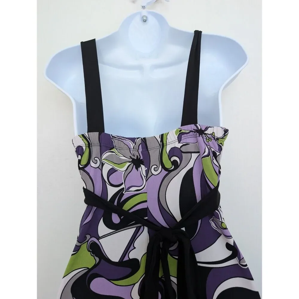 Y2K Abstract Floral Swirl Babydoll Sleeveless Jersey Stretch Dress Sz S